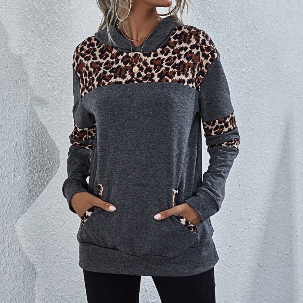Charcoal Leopard Print Color Block Hoodie Top